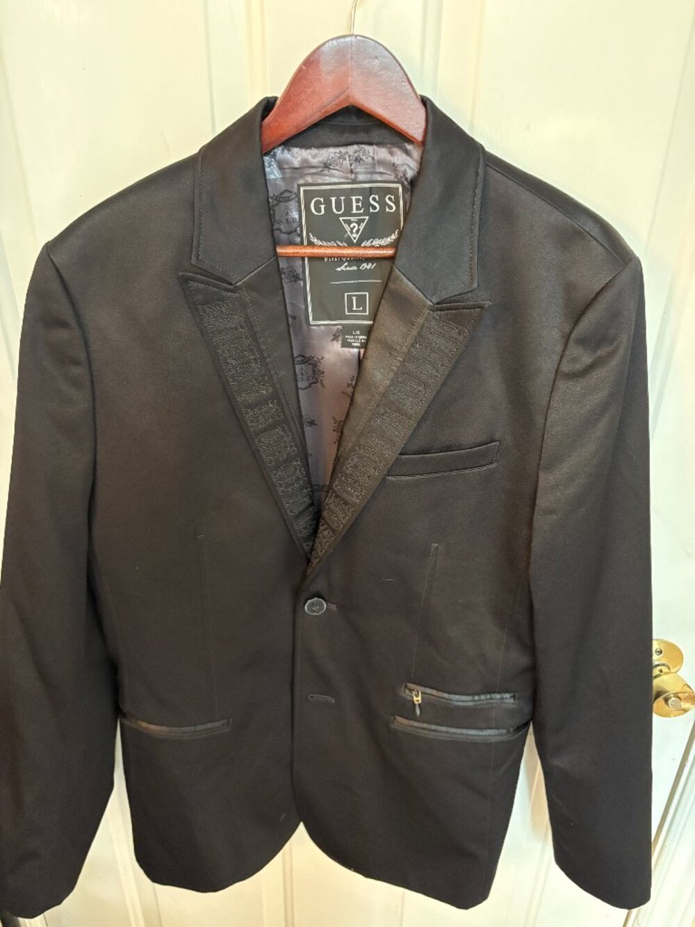 Guess Men’s Black Slim Fit Blazer Jacket Tonal Embroidered Angel Wings Back